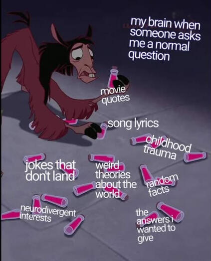 Meme maker I guess? Kuzco the llama from the emperor's new groove is looking through vials. Above him is text that states 'my brain when someone asks me a normal question.' The vials are labeled answers, which include: jokes that don't land, song lyrics, movie quotes, childho